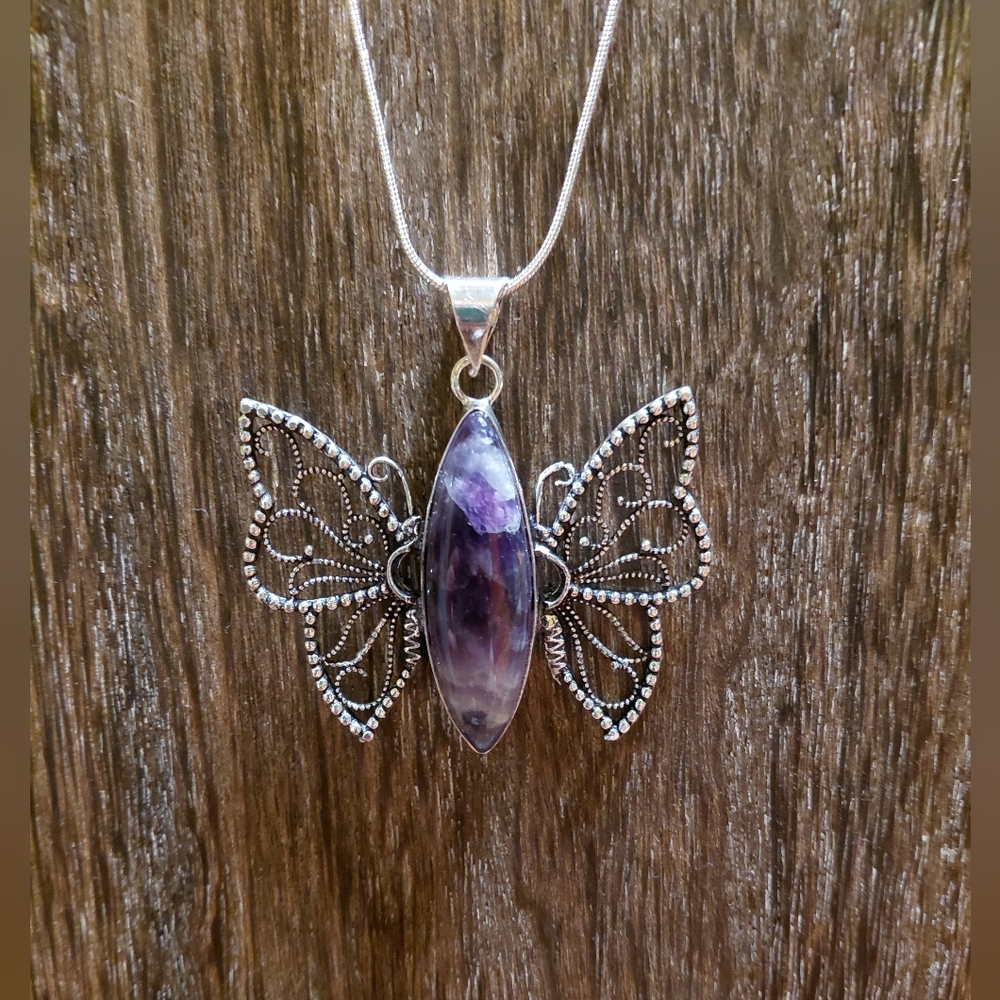Elegant Silver Amethyst Butterfly Pendant Necklace